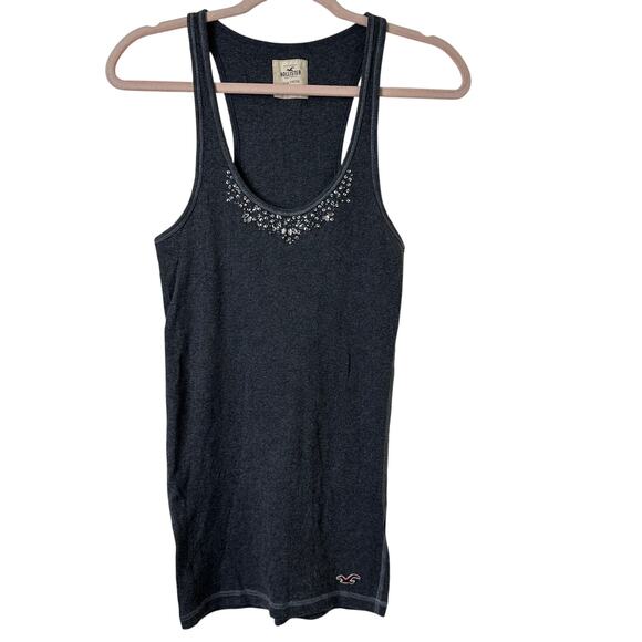 Lg Y2K VTG Ribbed Grey Tank Top Rhinestone Sequin Fitted Bling Layering Stretchy - Picture 1 of 7